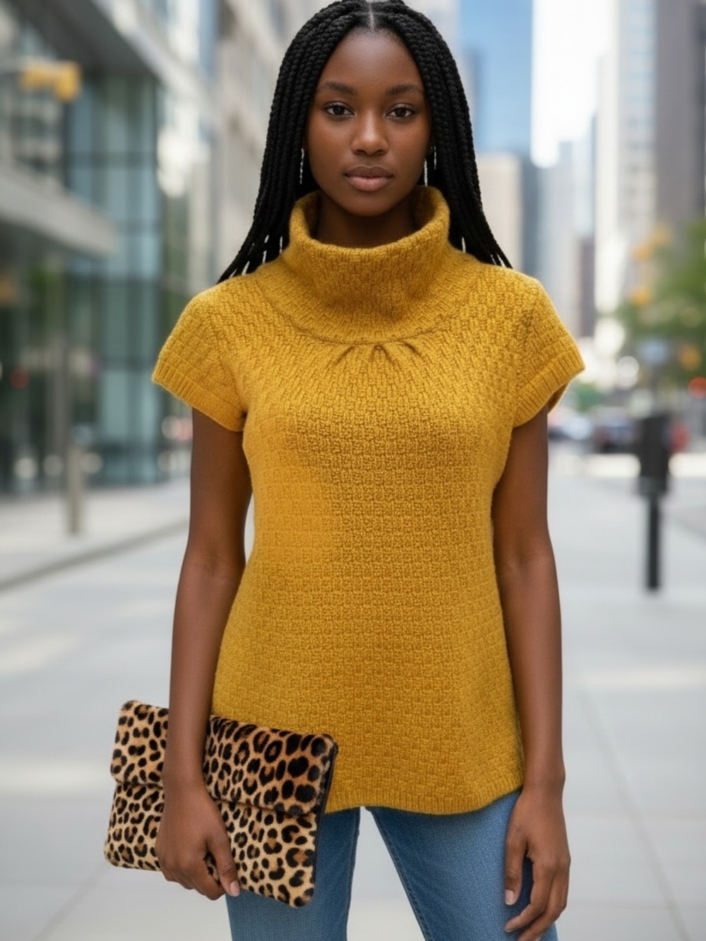 CABLE KNIT FUNNEL NECK MUSTARD YELLOW CAP SLEEVE FALL SWEATER by ARTISAN SZ M